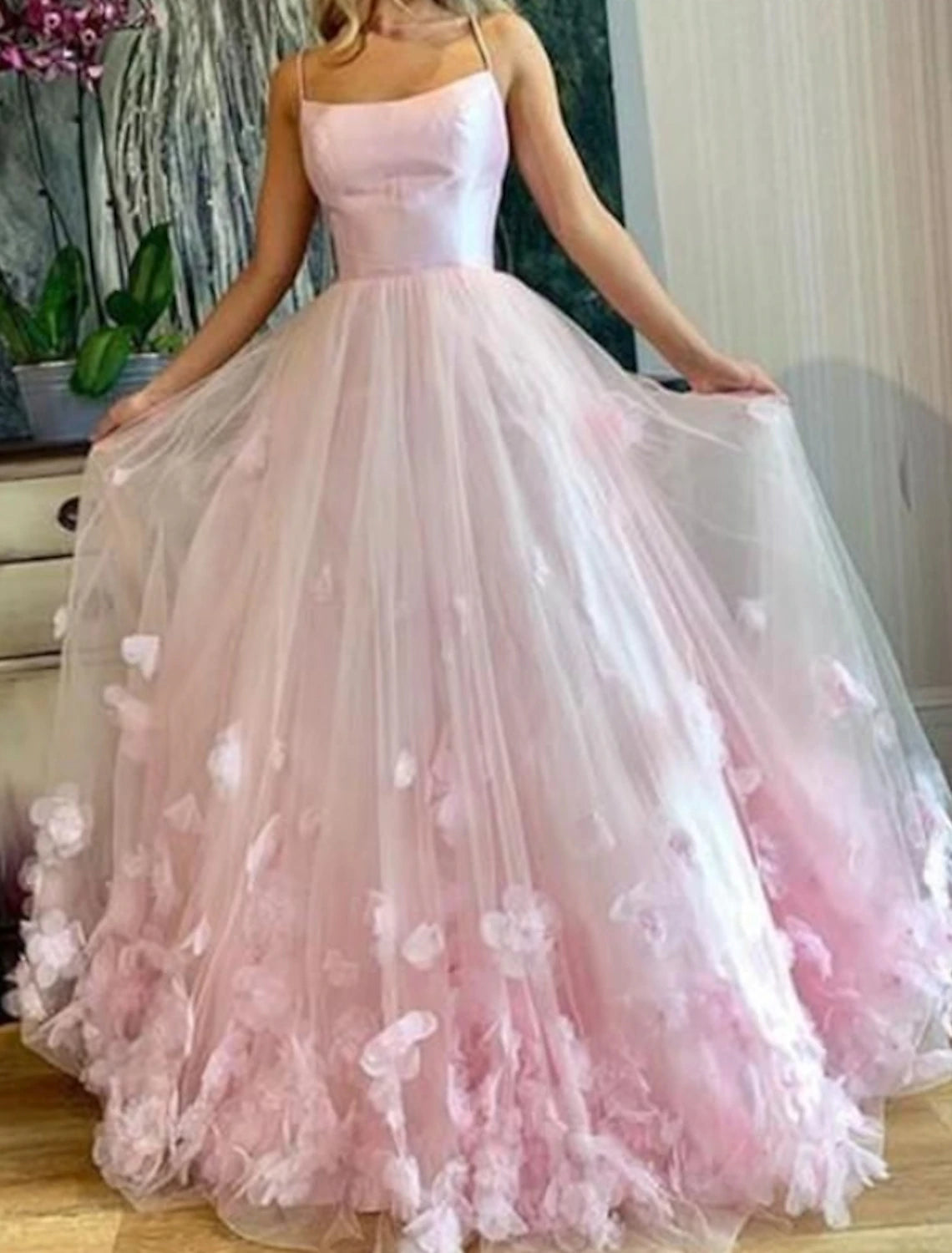 Wholesa A-Line Prom Party Dress Floral Dress Performance Sweet 16 Floor Length Sleeveless Spaghetti Strap Tulle with Pleats Appliques