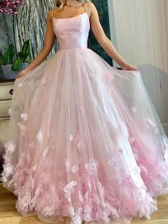 Wholesa A-Line Prom Dresses Elegant Dress Engagement Floor Length Sleeveless Spaghetti Strap Tulle with Pleats Appliques