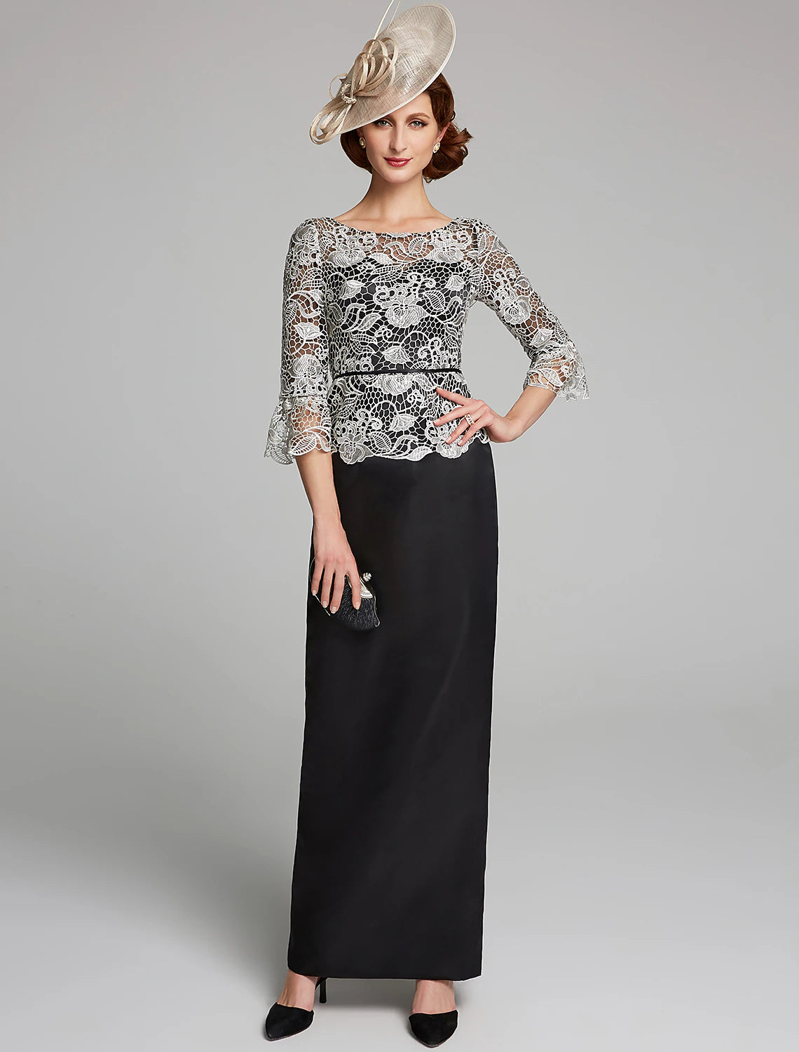 wholesale   Sheath / Column Mother of the Bride Dress Jewel Neck Floor Length Satin Lace 3/4 Length Sleeve with Lace