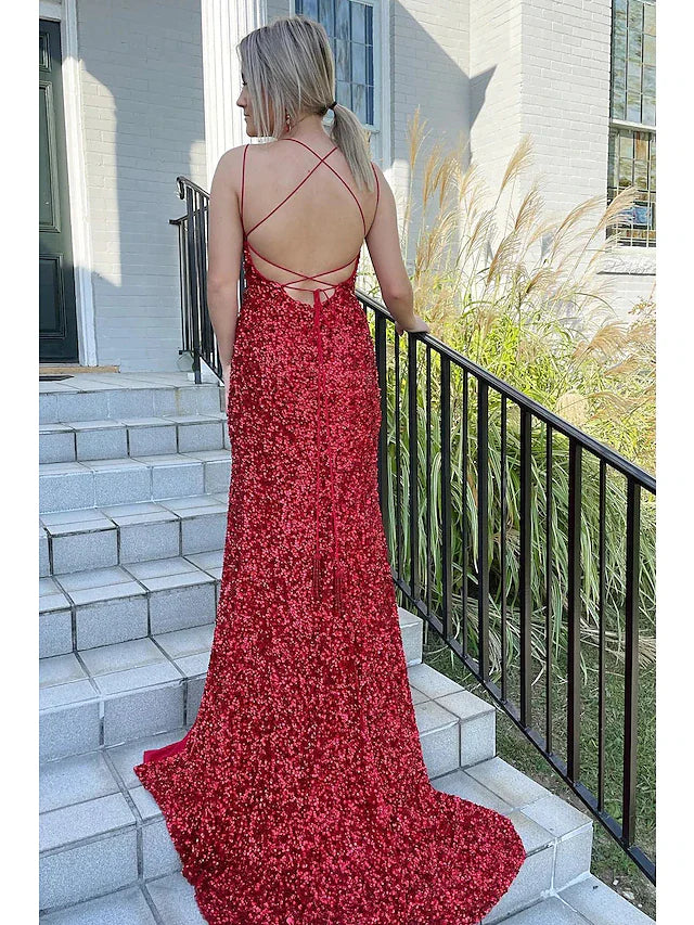 Wholesa Mermaid / Trumpet Prom Dresses Hot Dress Formal Sweep / Brush Train Sleeveless Spaghetti Strap Sequined Backless with Sequin Slit