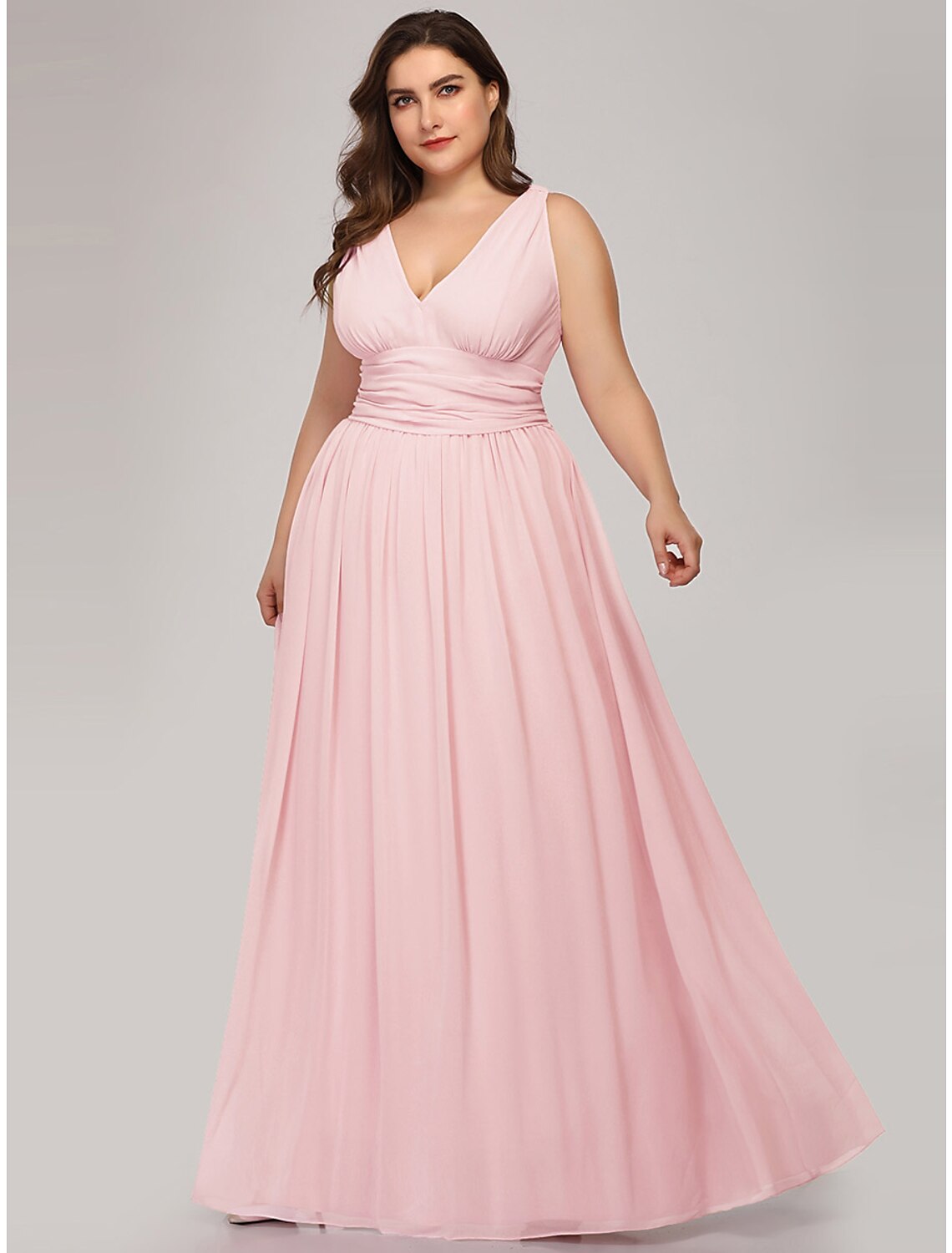 Wholesa A-Line Plus Size Wedding Guest Formal Evening Dress V Neck V Back Sleeveless Floor Length Chiffon with Pleats