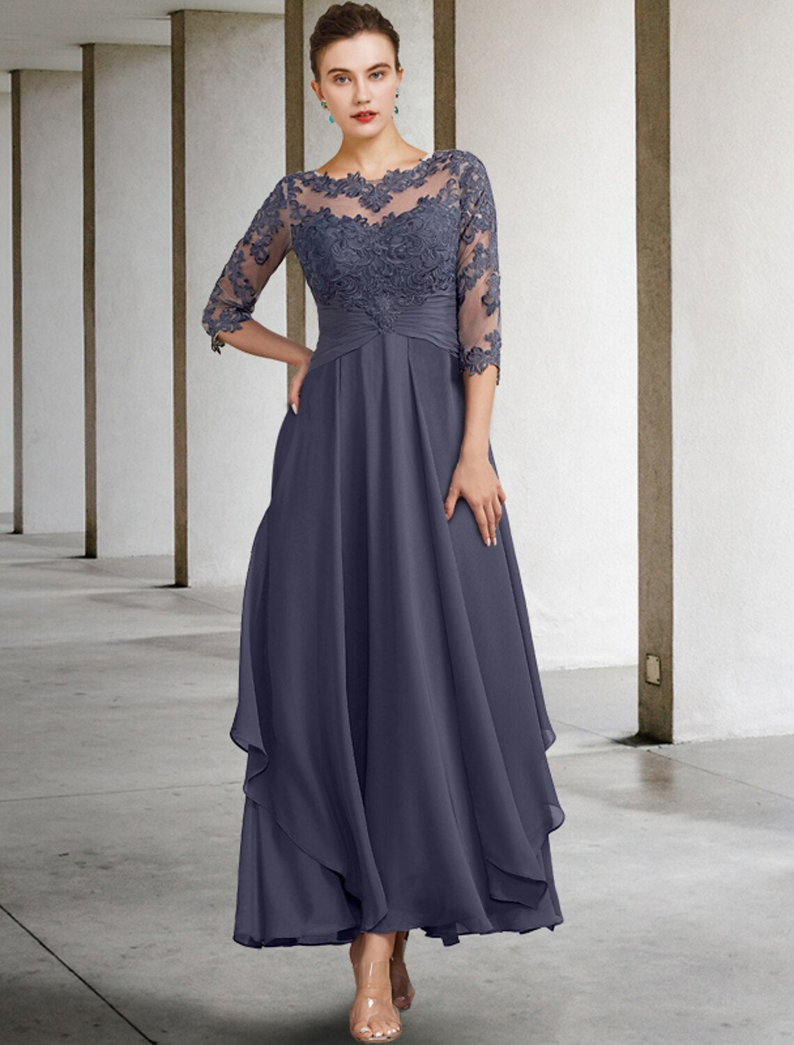 wholesale  A-Line Mother of the Bride Dress Plus Size Elegant Jewel Neck Ankle Length Chiffon Lace Half Sleeve with Ruched Ruffles Appliques