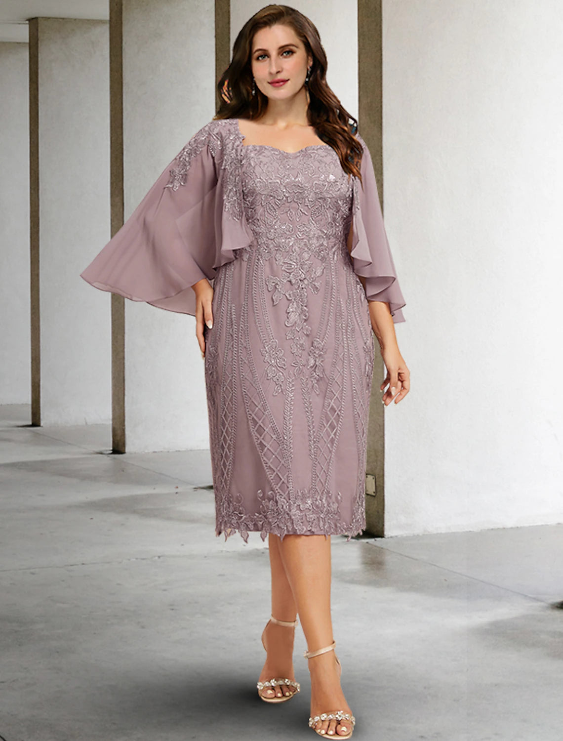 wholesale   Sheath / Column Mother of the Bride Dresses Plus Size Hide Belly Curve Elegant Dress Formal Tea Length Sleeveless Square Neck Chiffon with Beading Appliques