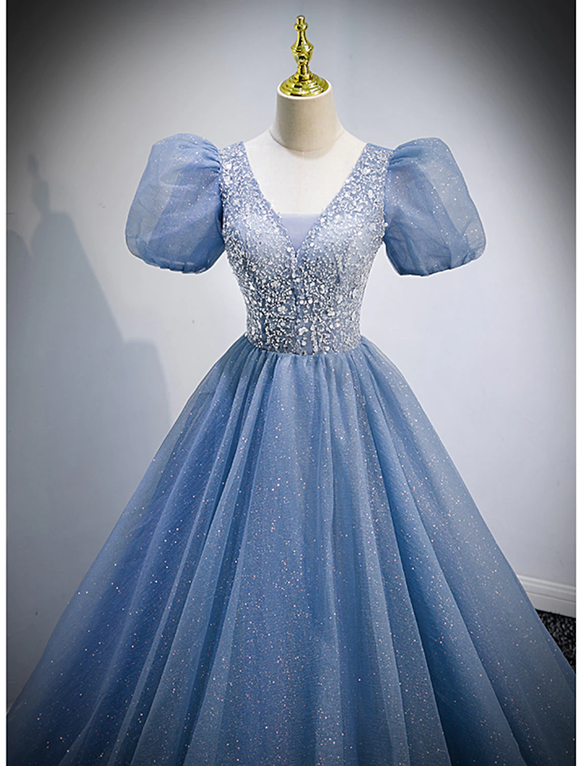 Wholesa  A-Line Prom Dresses Puffy Dress Wedding Guest Quinceanera Floor Length Short Sleeve V Neck Tulle with Sequin