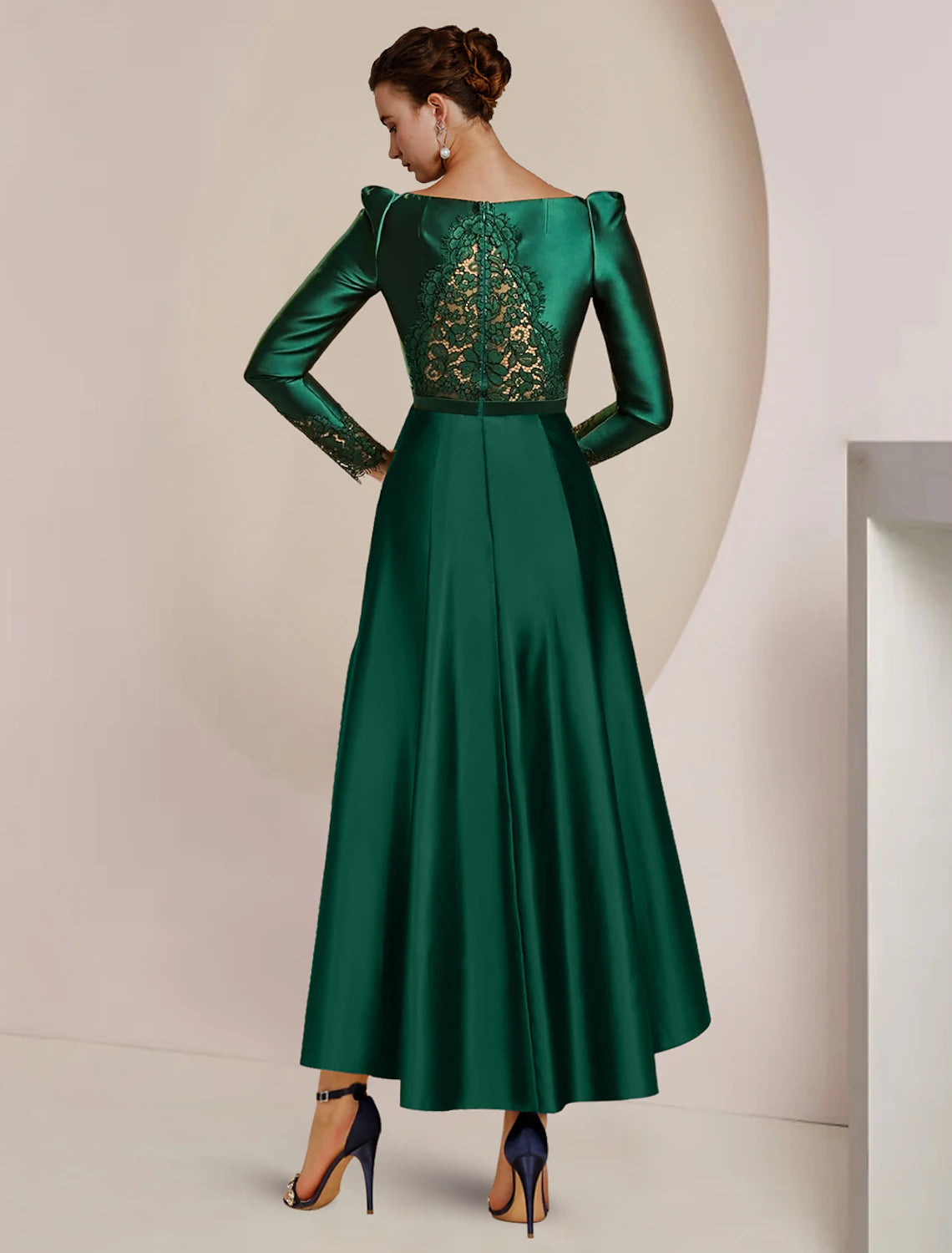 wholesale  A-Line Mother of the Bride Dress Wedding Guest Party Elegant High Low Scoop Neck Asymmetrical Tea Length Satin Lace Long Sleeve with Pleats