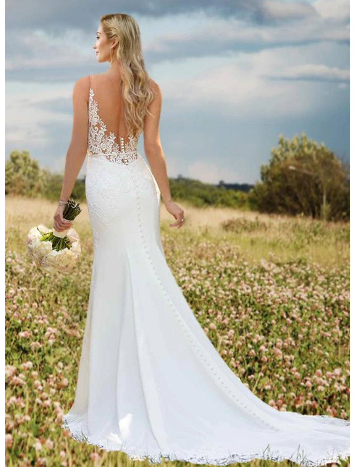 wholesale  Engagement Open Back Sexy Formal Wedding Dresses Mermaid / Trumpet V Neck Sleeveless Court Train Lace Bridal Gowns With Appliques