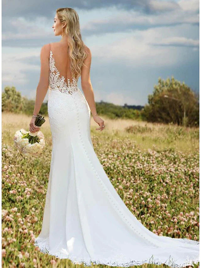 Wholesa Engagement Open Back Sexy Formal Wedding Dresses Court Train Mermaid / Trumpet Sleeveless V Neck Crepe With Appliques