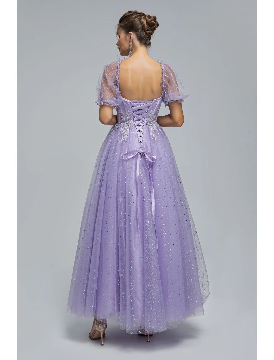 Wholesa A-Line Prom Dresses Princess Dress Quinceanera Tea Length Short Sleeve Off Shoulder Tulle with Sequin Appliques