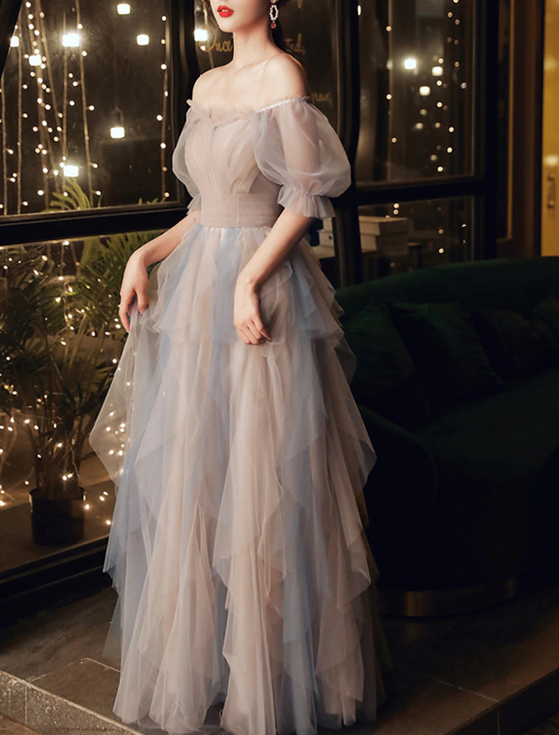 Wholesa A-Line Prom Dresses Color Block Dress Wedding Party Dress Birthday Floor Length Half Sleeve Scoop Neck Tulle with Pleats Ruffles