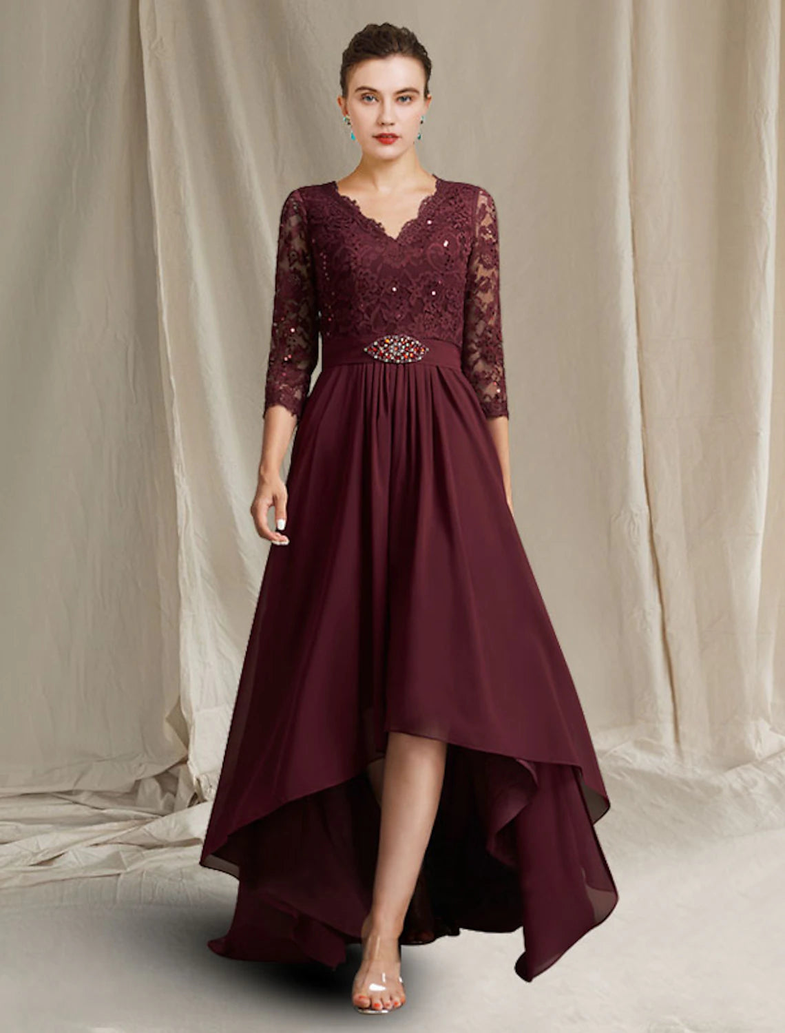wholesale  A-Line Mother of the Bride Dress Plus Size Elegant High Low V Neck Asymmetrical Floor Length Chiffon Lace 3/4 Length Sleeve with Pleats Appliques Crystal Brooch