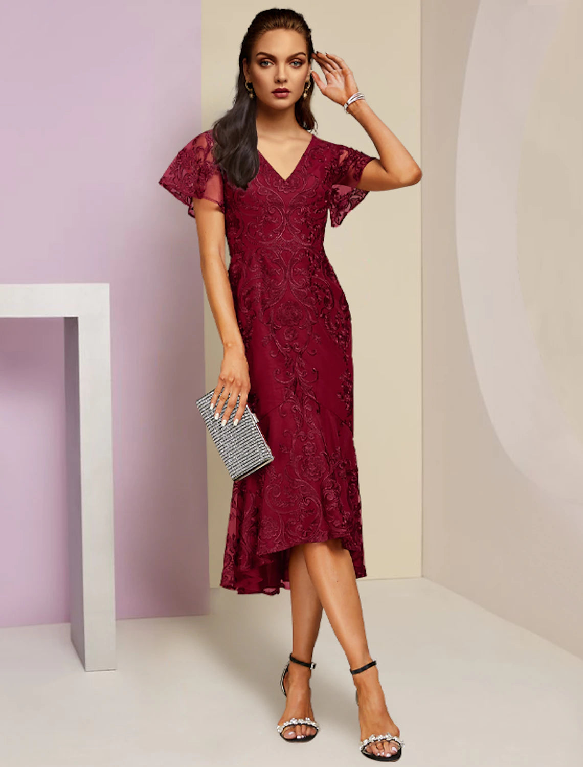 wholesale  Sheath / Column Mother of the Bride Dress Wedding Guest Party Elegant V Neck Tea Length Lace Short Sleeve with Pleats Solid Color