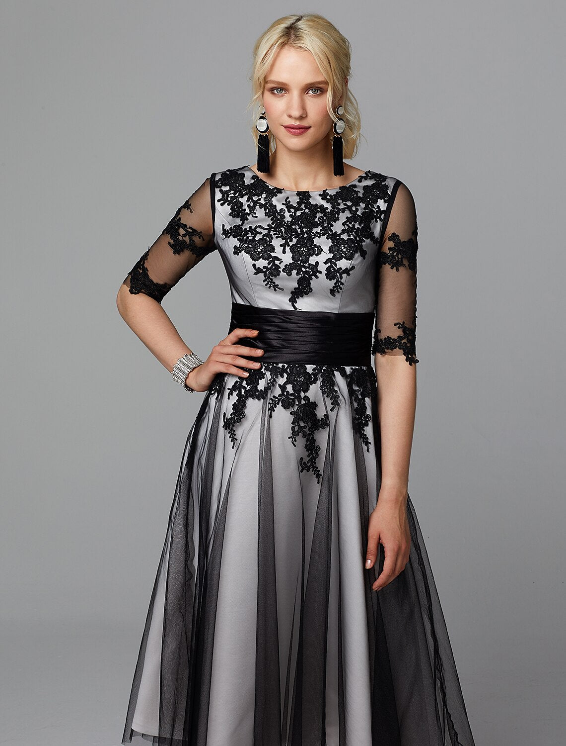 wholesale  A-Line Vintage Dress Wedding Guest Cocktail Party Tea Length Half Sleeve Jewel Neck Fall Wedding Guest Lace with Sash / Ribbon Appliques