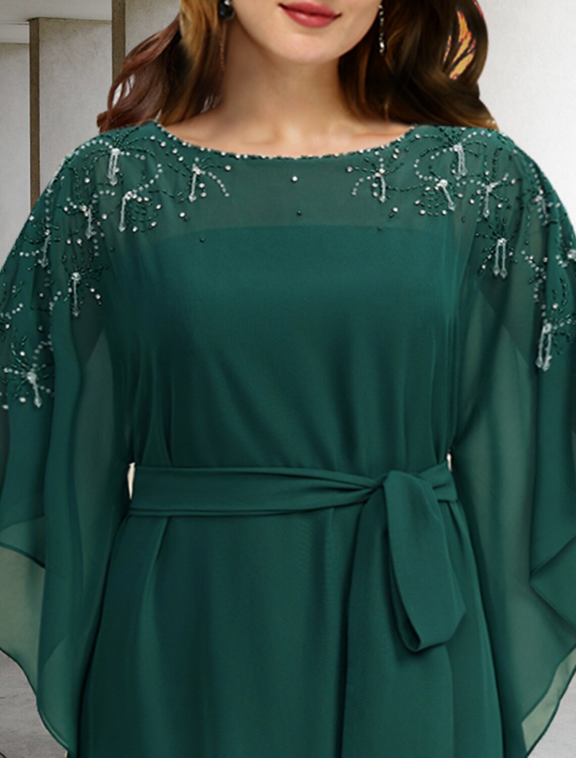 wholesale  A-Line Mother of the Bride Dresses Plus Size Hide Belly Curve Elegant Dress Formal Floor Length Half Sleeve Jewel Neck Chiffon with Beading Strappy