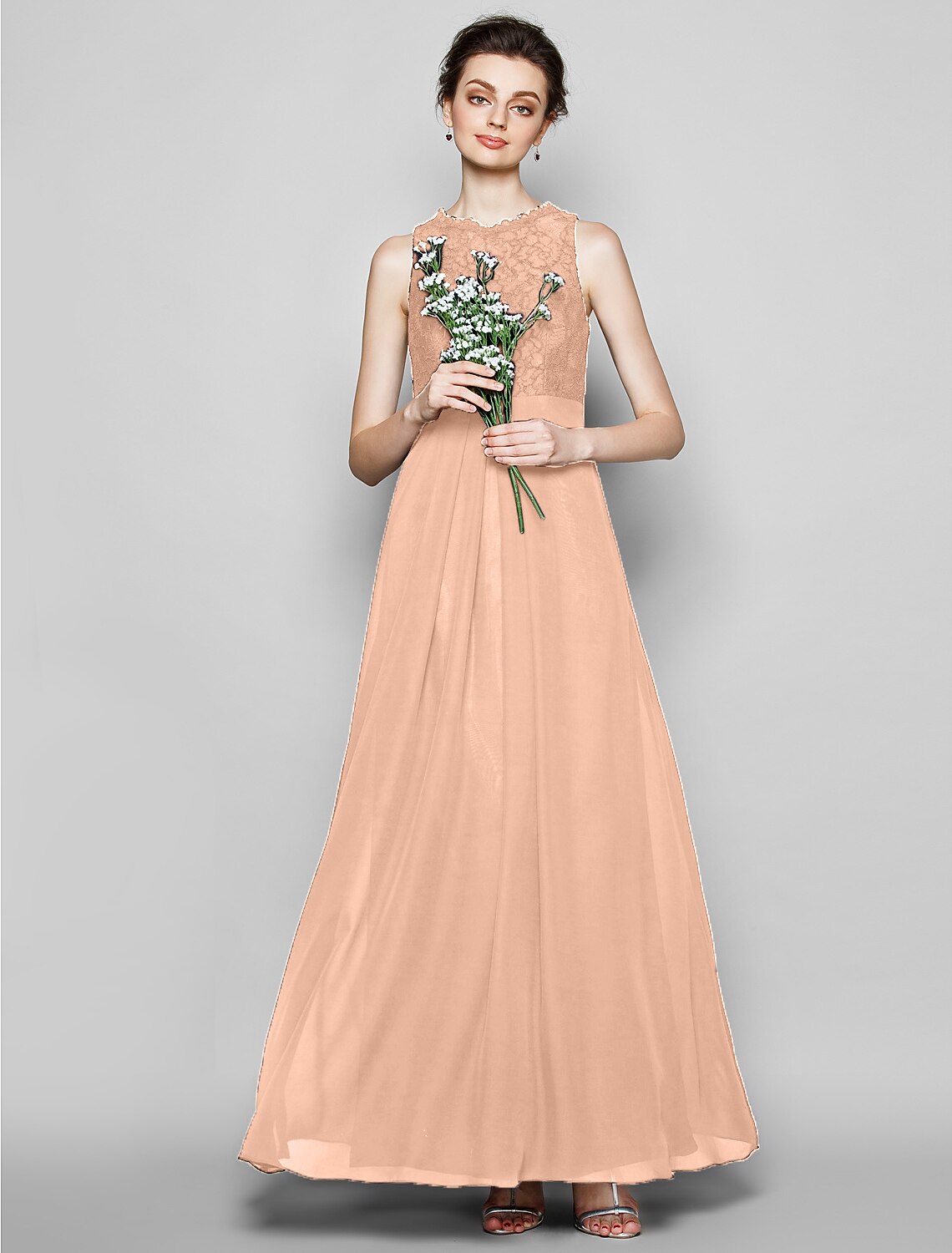 wholesale  Sheath / Column Bridesmaid Dress Jewel Neck Sleeveless Elegant Floor Length Chiffon / Lace with Lace