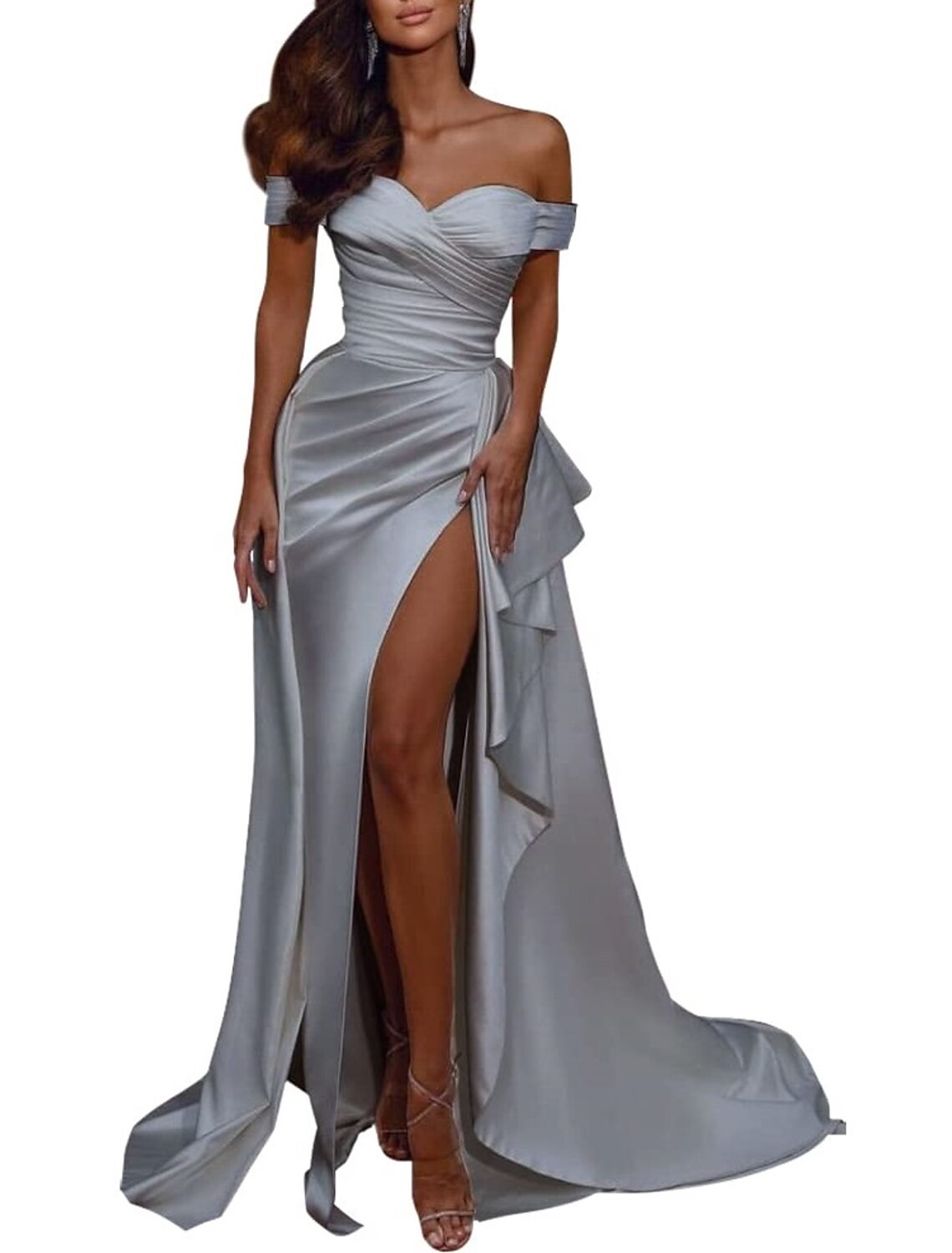 Wholesa A-Line Wedding Dress Celebrity Style Sexy Formal Evening Dress Off Shoulder Short Sleeve Sweep / Brush Train Italy Satin with Pleats Slit