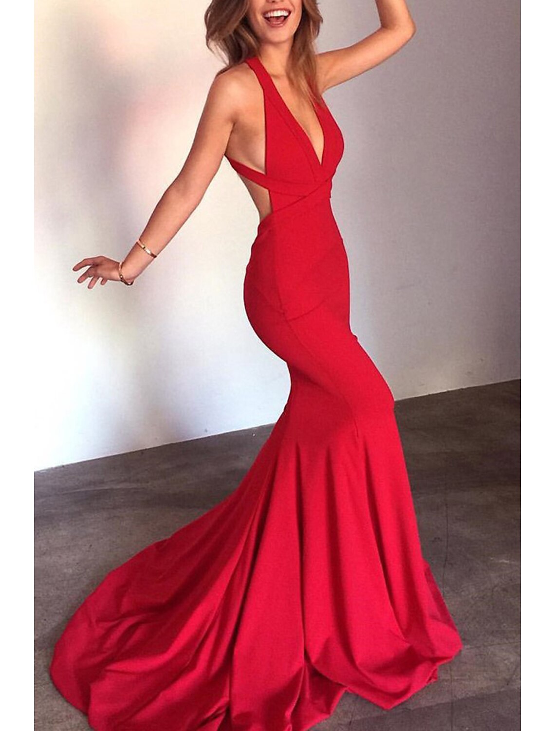 Wholesa Mermaid / Trumpet Evening Gown Open Back Dress Formal Prom Court Train Sleeveless V Neck Stretch Fabric with Strappy