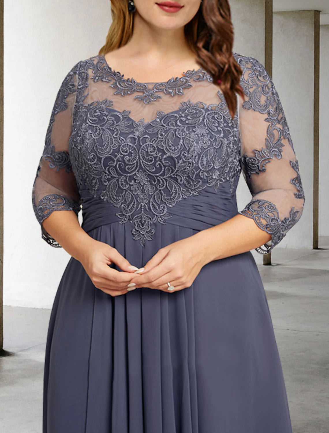 wholesale  A-Line Mother of the Bride Dresses Plus Size Hide Belly Curve Elegant Fall Wedding Guest Dress Formal Asymmetrical 3/4 Length Sleeve Jewel Neck Chiffon with Pleats Ruched Appliques