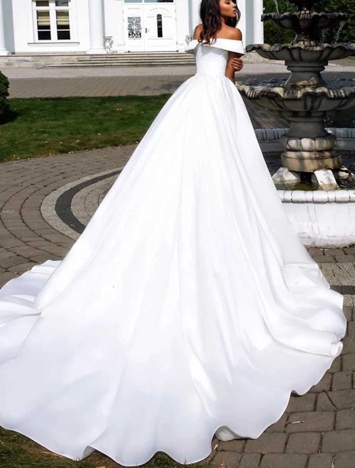 wholesale  Formal Wedding Dresses Ball Gown Off Shoulder Cap Sleeve Chapel Train Satin Bridal Gowns With Pleats