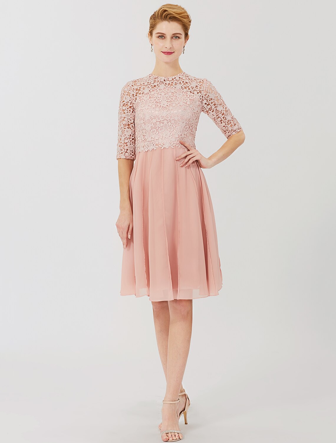 wholesale  Ball Gown Mother of the Bride Dress Formal Classic & Timeless Elegant & Luxurious Convertible Dress Illusion Neck Knee Length Chiffon Floral Lace 3/4 Length Sleeve with Crystal Brooch