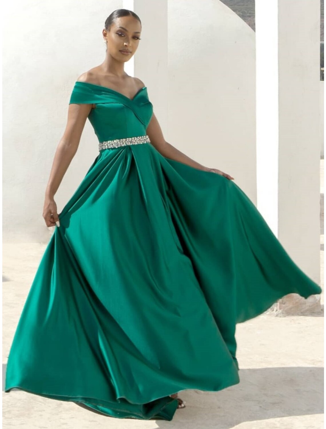Wholesa  A-Line Evening Gown Elegant Dress Formal Sweep / Brush Train Christmas Red Green Dress Sleeveless Off Shoulder Satin with Pleats Crystals