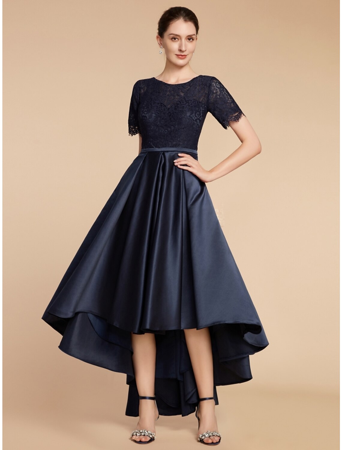 Wholesa  A-Line Mother of the Bride Dress Wedding Guest Elegant Jewel Neck Asymmetrical Satin Lace Short Sleeve with Ruching Solid Color