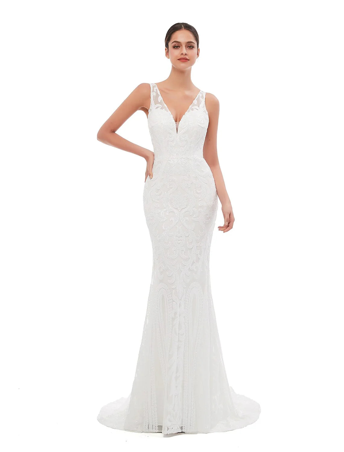 Wholesa Mermaid / Trumpet Evening Gown Celebrity Style Dress Engagement Court Train Sleeveless V Neck Sequined with Sequin Embroidery