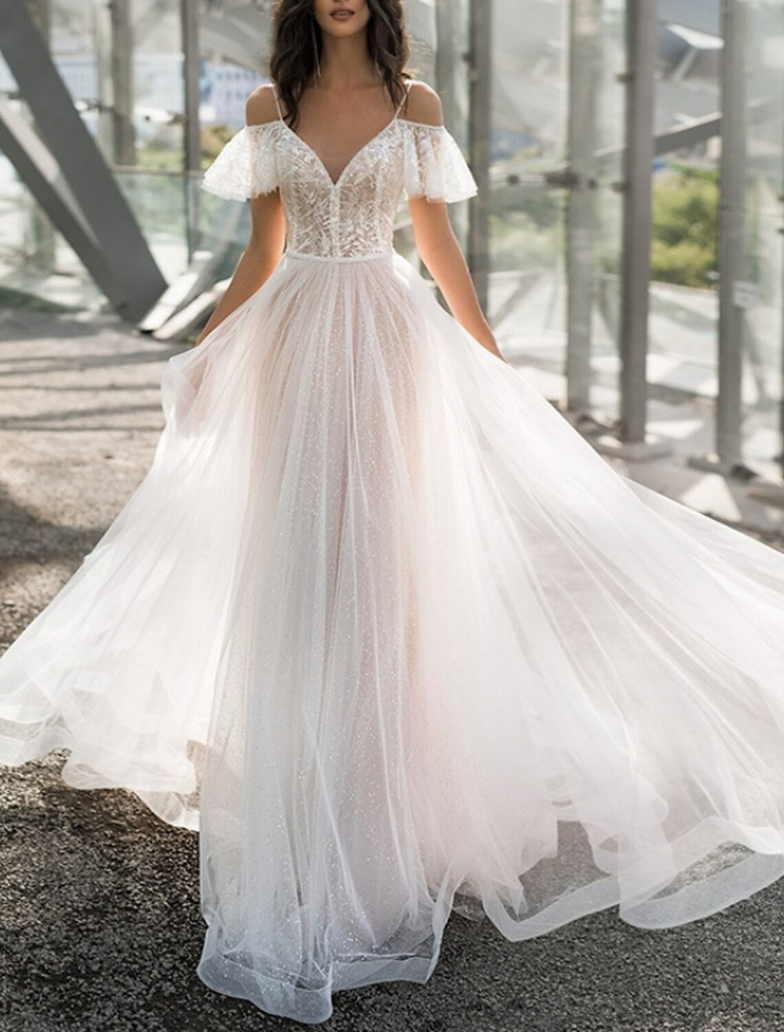 Wholesa Formal Wedding Dresses A-Line V Neck Short Sleeve Sweep / Brush Train Tulle Bridal Gowns With Pleats Solid Color