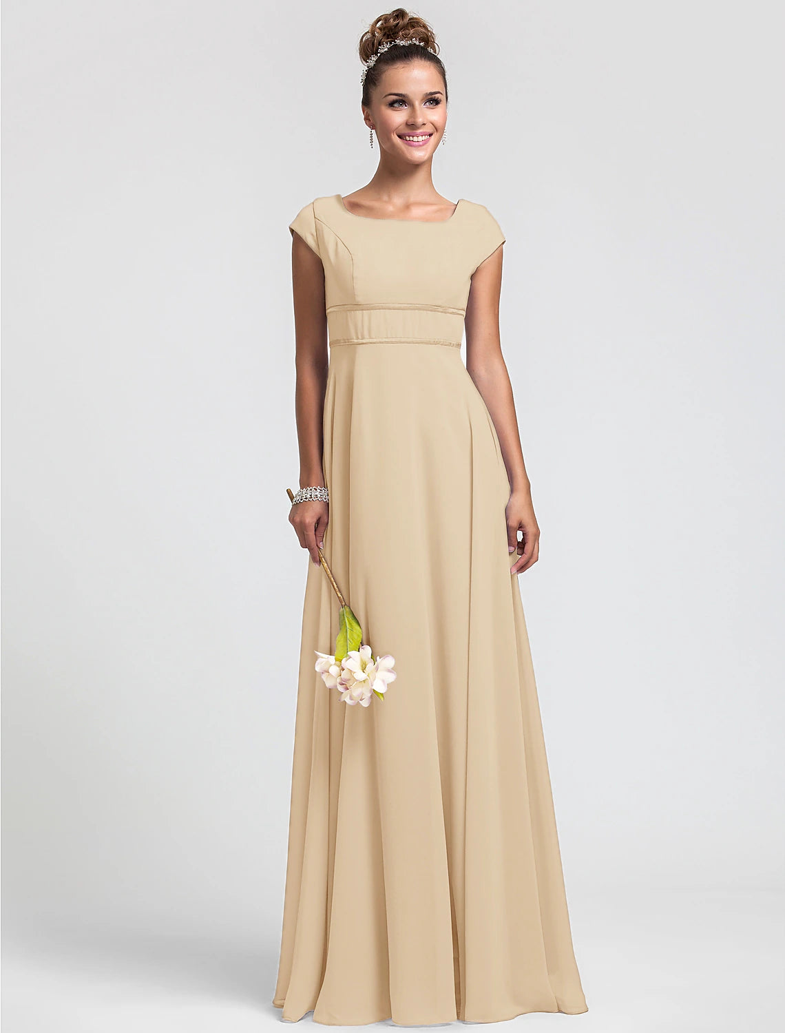 Wholesa  Sheath / Column Bridesmaid Dress Square Neck Short Sleeve Elegant Floor Length Chiffon with Sash / Ribbon / Pleats