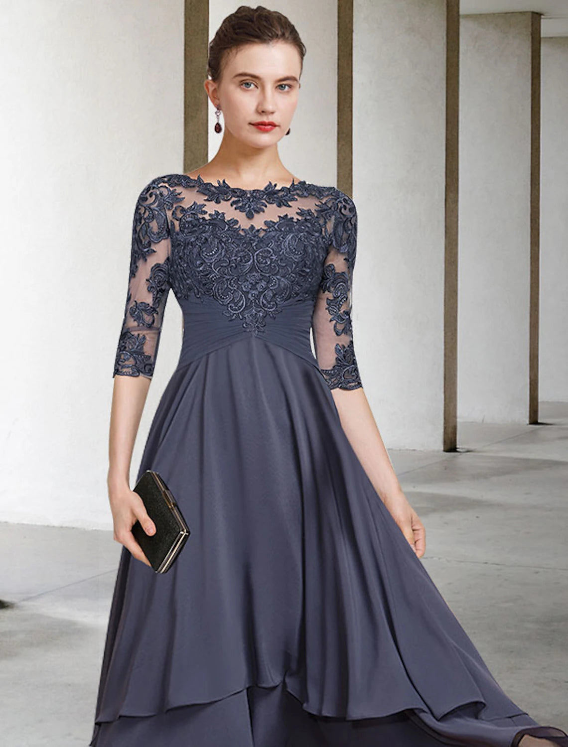 wholesale  A-Line Mother of the Bride Dress Plus Size Elegant High Low Jewel Neck Asymmetrical Tea Length Chiffon Lace Short Sleeve with Ruched Beading Appliques