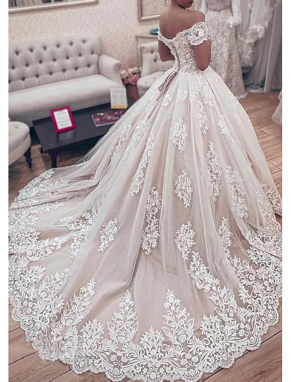 wholesale  Engagement Formal Fall Wedding Dresses Ball Gown Off Shoulder Cap Sleeve Chapel Train Lace Bridal Gowns With Pleats Appliques