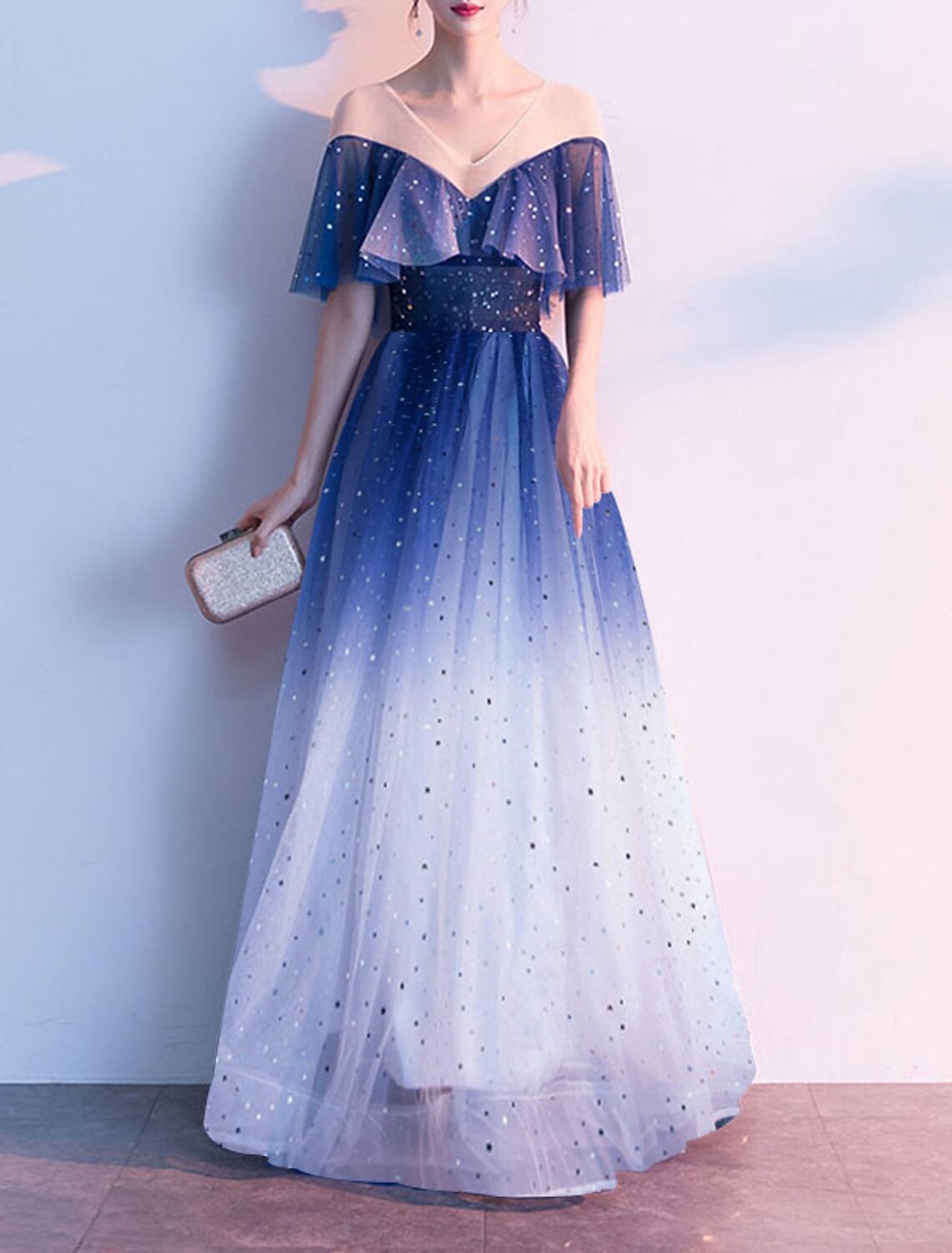 Wholesa  A-Line Glittering Gradient Prom Formal Evening Dress V Neck Half Sleeve Floor Length Tulle with Pleats Sequin