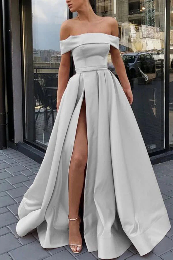 Wholesa A-line Off Shoulder Sweep Simple Satin Train Prom Dresses With Belt