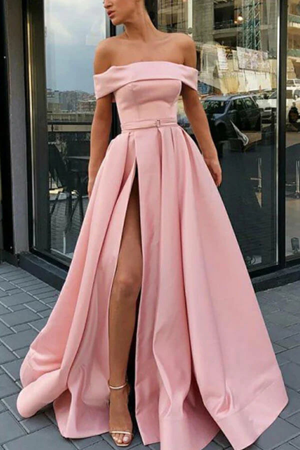 Wholesa A-line Off Shoulder Sweep Simple Satin Train Prom Dresses With Belt