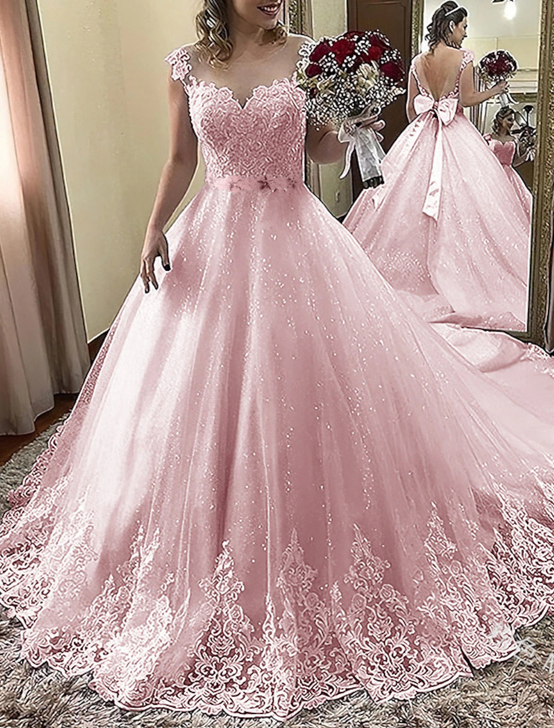 Wholesa Engagement Formal Wedding Dresses Ball Gown Illusion Neck Cap Sleeve Court Train Lace Bridal Gowns With Bow(s) Appliques