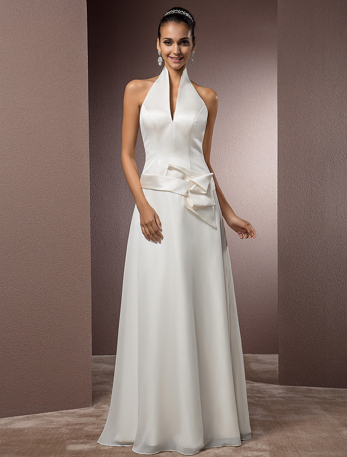 Wholesa  Hall Wedding Dresses Sheath / Column Halter Neck Sleeveless Floor Length Satin Bridal Gowns With Sash / Ribbon