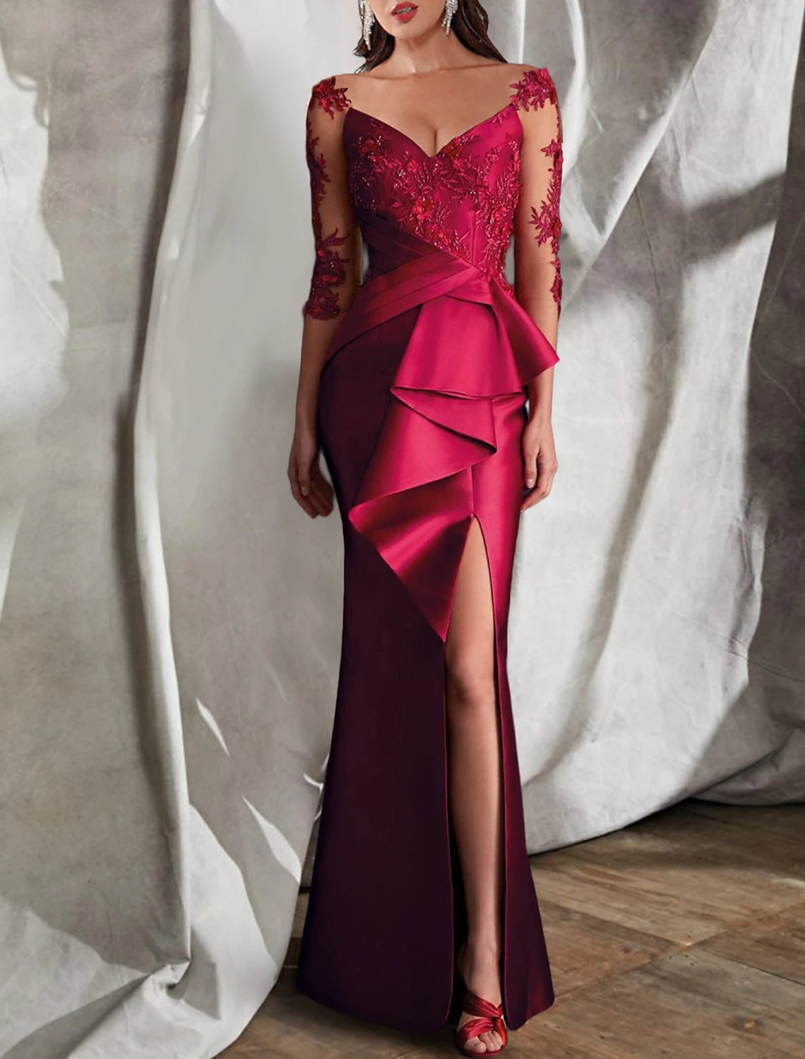 Wholesa Mermaid / Trumpet Evening Gown Elegant Dress Wedding Guest Engagement Floor Length 3/4 Length Sleeve V Neck Satin with Draping Slit Appliques