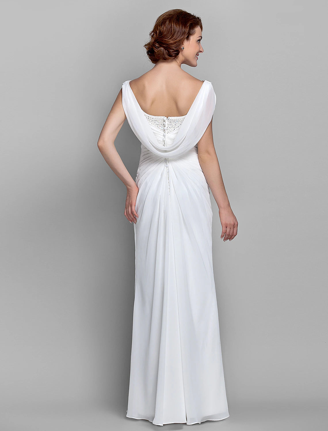 wholesale  Sheath / Column Mother of the Bride Dress Fall Wedding Guest Dresses Vintage Inspired Cowl Neck Floor Length Chiffon Sleeveless with Buttons Criss Cross Crystals