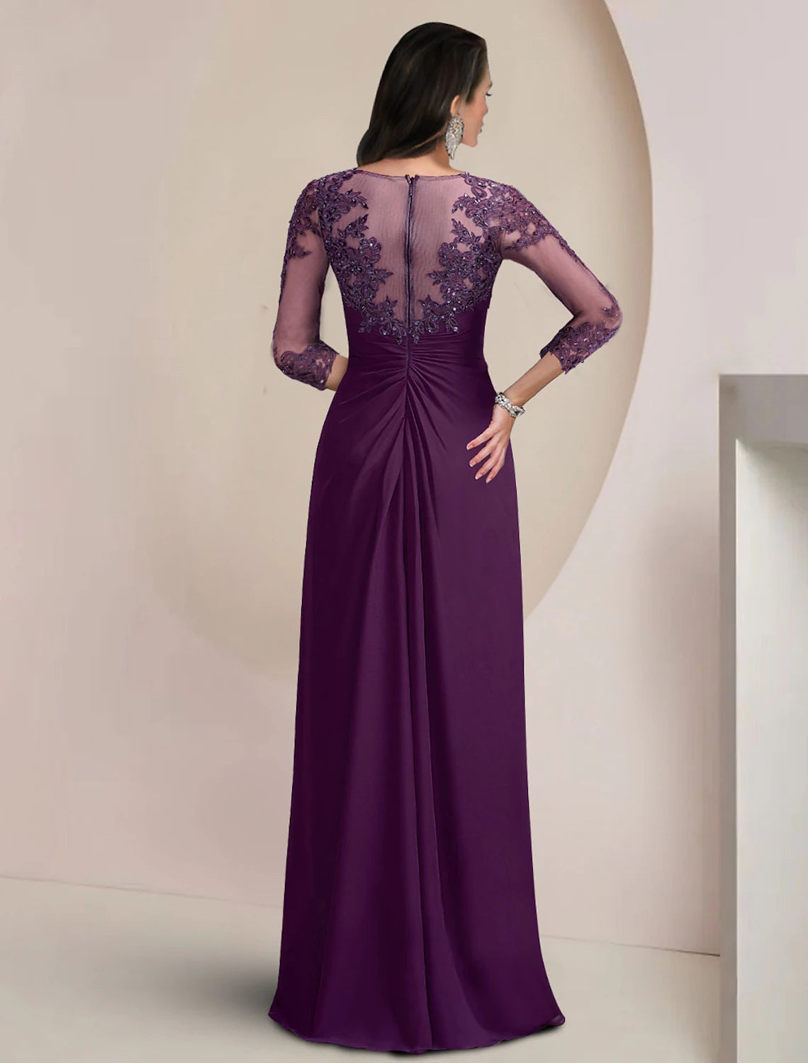 wholesale  Sheath / Column Mother of the Bride Dress Formal Fall Wedding Guest Elegant Sequin Scoop Neck Floor Length Chiffon Lace 3/4 Sleeve with Appliques Sparkle & Shine