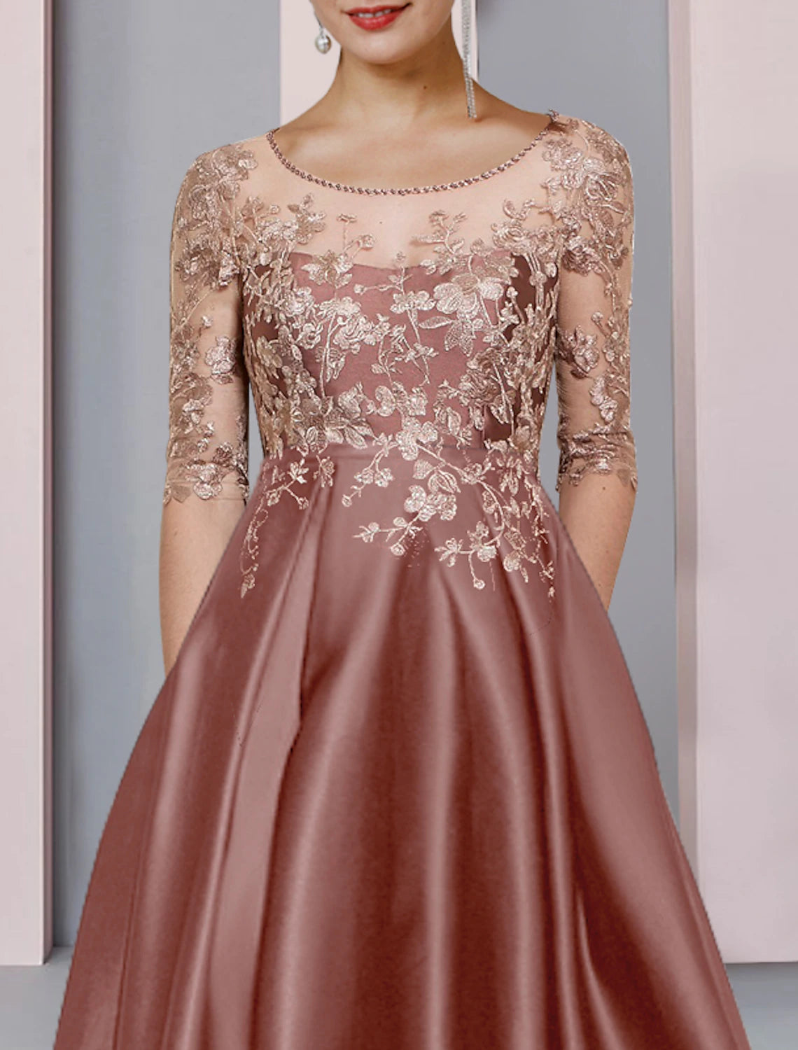 wholesale  A-Line Mother of the Bride Dress Formal Wedding Guest Party Elegant High Low Scoop Neck Asymmetrical Tea Length Satin Lace Half Sleeve with Pleats Beading Appliques