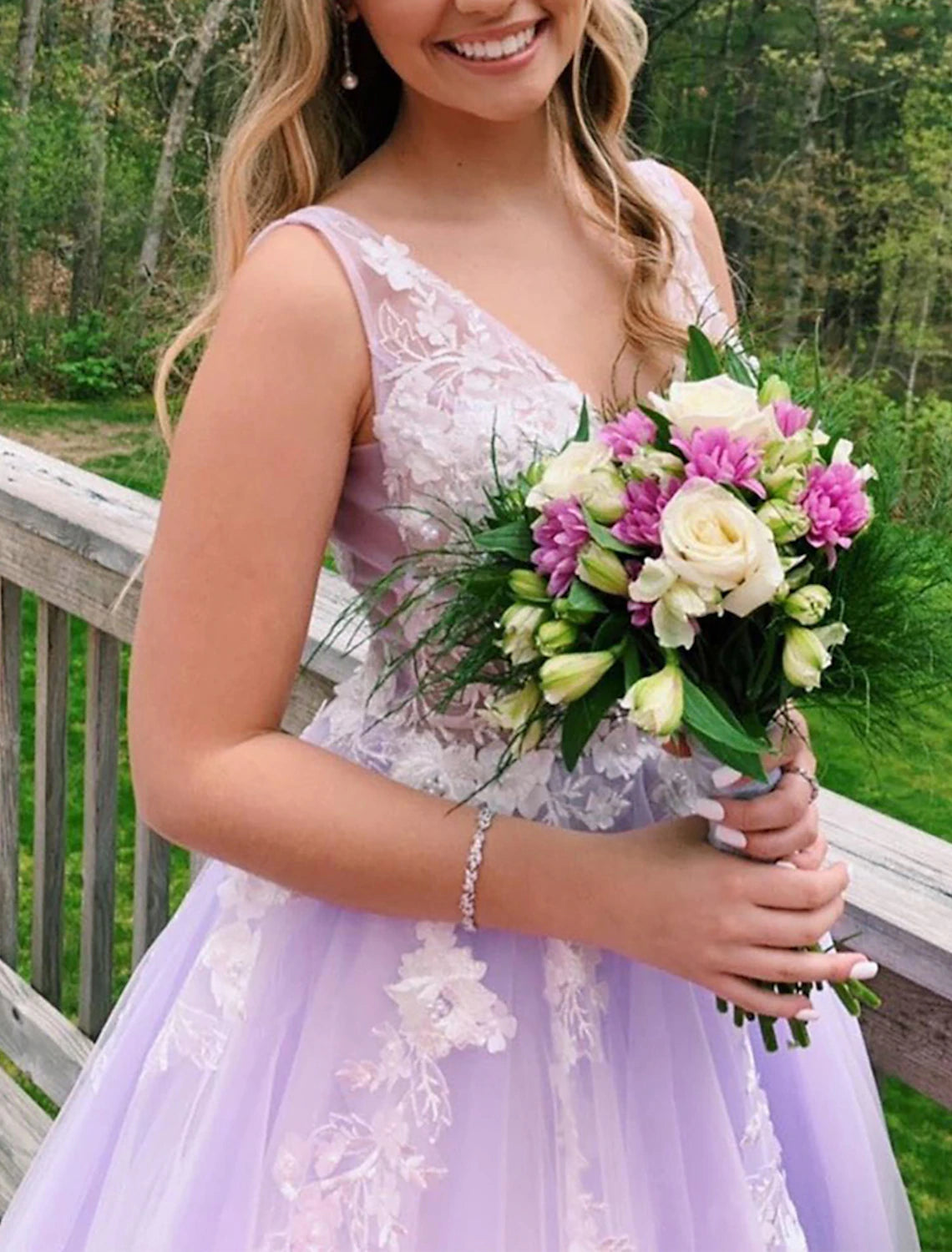 Wholesa Ball Gown A-Line Prom Dresses Color Block Dress Formal Prom Floor Length Sleeveless V Neck Tulle Backless V Back with Beading Appliques