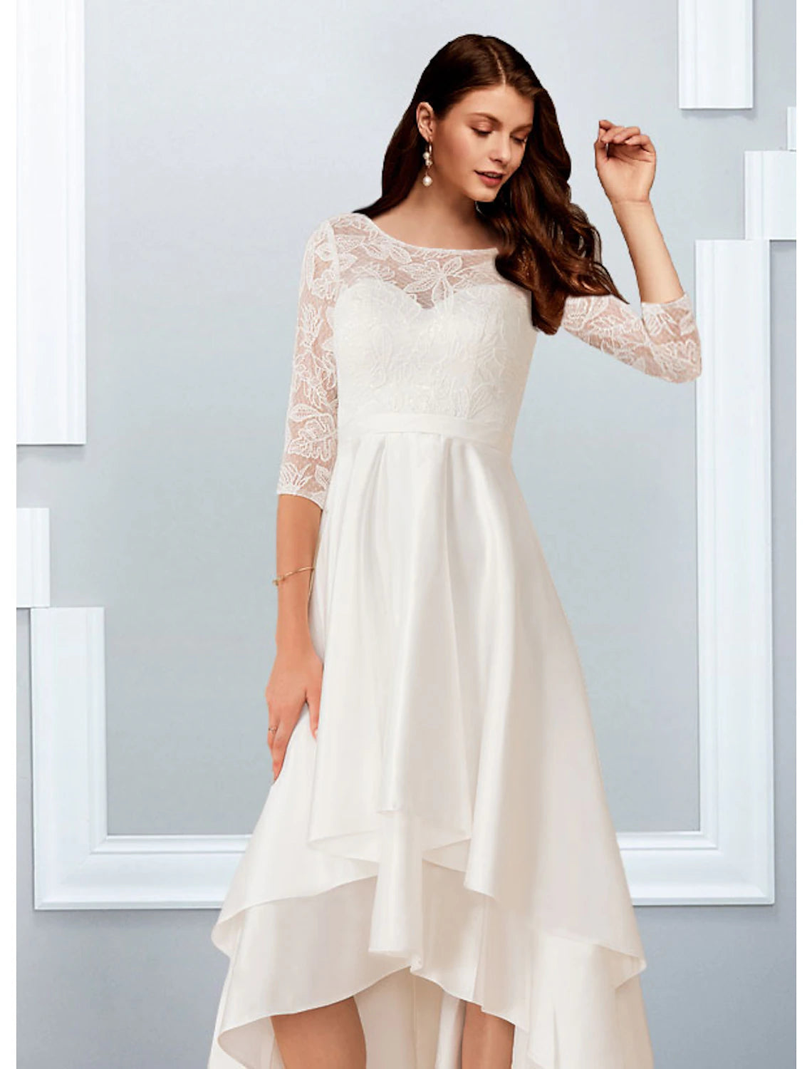 wholesale  Reception Little White Dresses Wedding Dresses A-Line Illusion Neck Half Sleeve Asymmetrical Chiffon Bridal Gowns With Cascading Ruffles