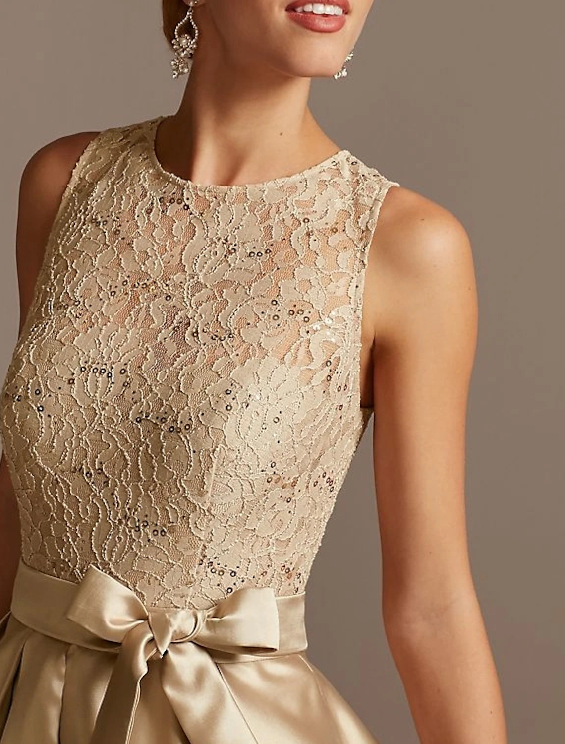 Wholesa A-Line Mother of the Bride Dress Wedding Guest Elegant High Low Jewel Neck Asymmetrical Satin Lace Sleeveless with Bow(s) Pleats