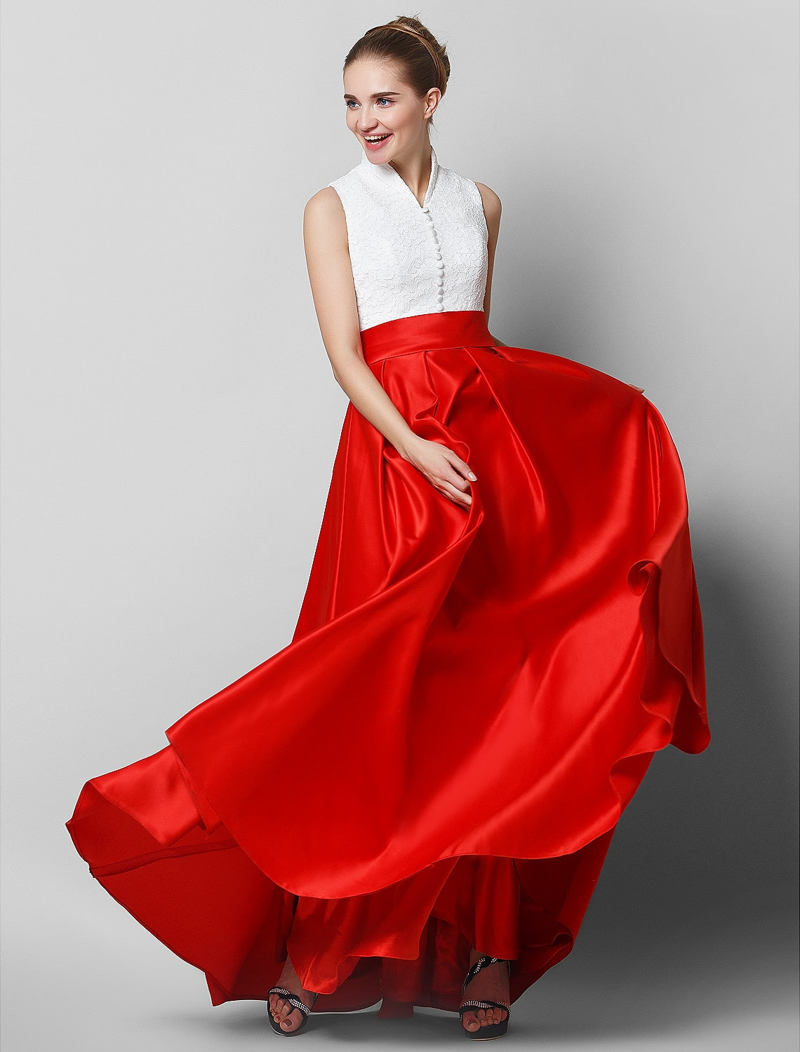 Wholesa A-Line Elegant & Luxurious Color Block Formal Evening Black Tie Gala Dress High Neck Sleeveless Floor Length Lace with Pleats