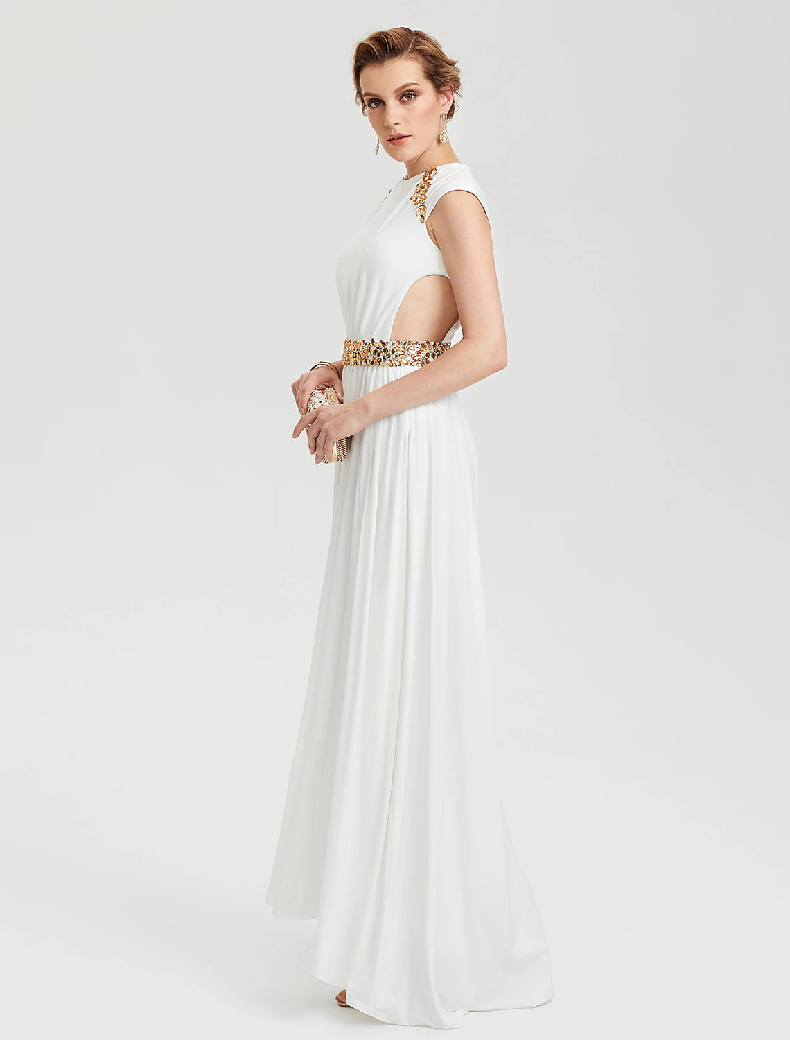 Wholesa Sheath / Column Celebrity Style Cut Out Formal Evening Dress Crew Neck Short Sleeve Asymmetrical Jersey with Beading