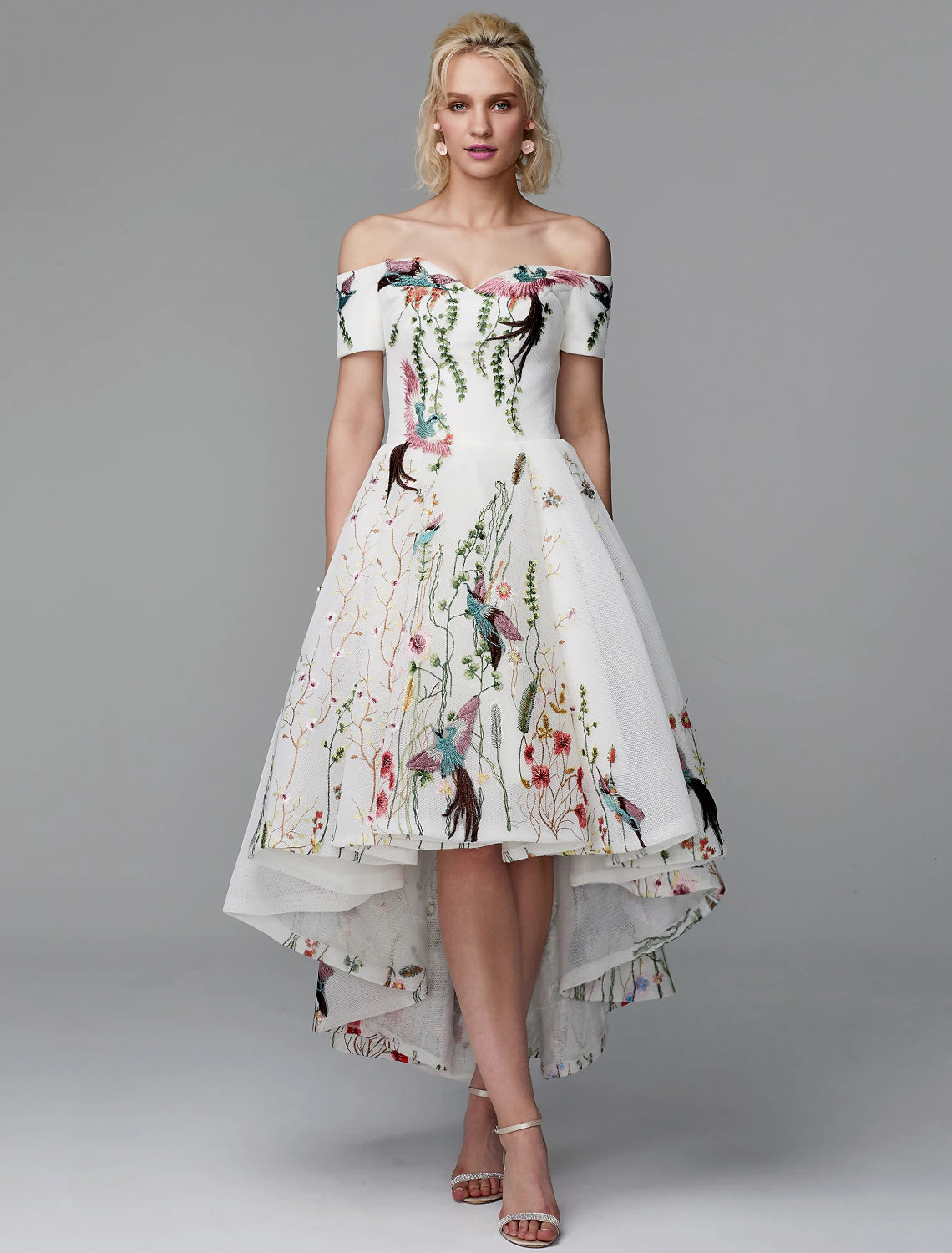 wholesale  Ball Gown Cute Dress Wedding Guest Cocktail Party Asymmetrical Short Sleeve Off Shoulder Polyester with Embroidery