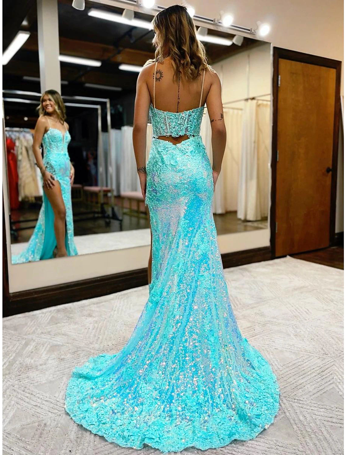 Wholesa Mermaid / Trumpet Prom Dresses High Split Dress Formal Wedding Party Court Train Sleeveless V Neck Sequined with Slit Appliques