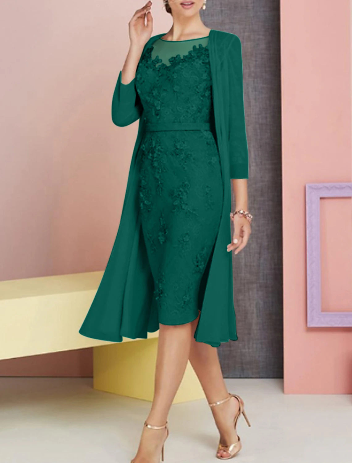 Wholesa Two Piece Sheath / Column Mother of the Bride Dress Wedding Guest Church Elegant Vintage Plus Size Bateau Neck Knee Length Chiffon Lace 3/4 Length Sleeve Jacket Dresses with Appliques
