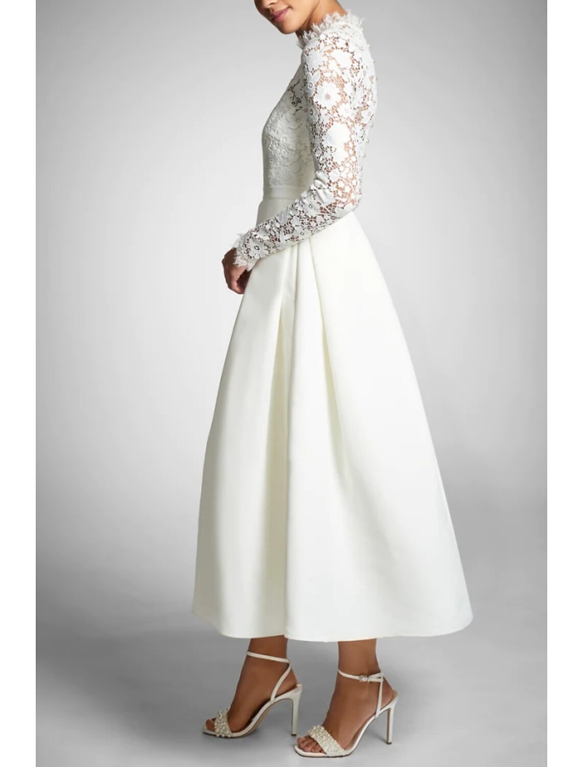 Wholesa Lace A-Line Cocktail White Black Dresses Sexy Dress Party Wear Fall Tea Length Long Sleeve High Neck Stretch Fabric with Pleats