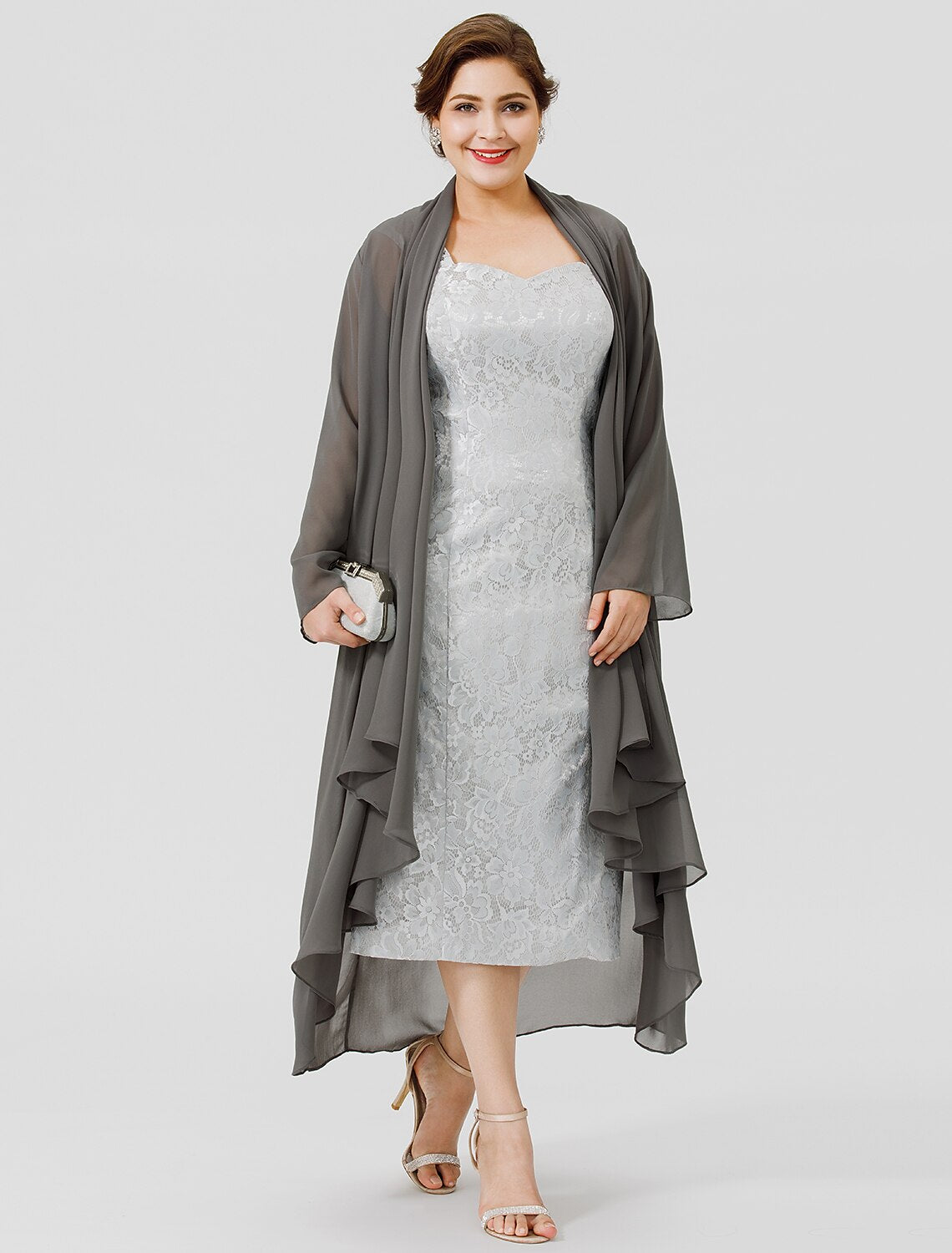 wholesale  Sheath / Column Mother of the Bride Dress Formal Elegant & Luxurious Plus Size Convertible Dress Straps Tea Length Chiffon All Over Lace Sleeveless yes with Lace