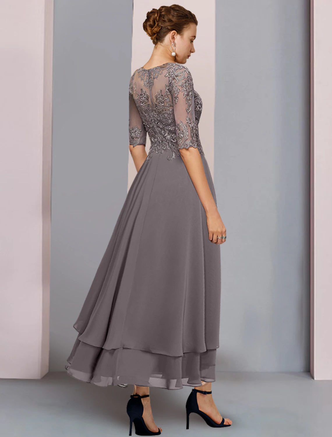 wholesale  A-Line Mother of the Bride Dress Formal Wedding Guest Elegant Scoop Neck Asymmetrical Tea Length Chiffon Lace 3/4 Length Sleeve with Beading Tier Appliques